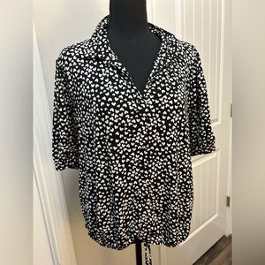 Adrienne Vittadini Black White Heart Print Button Down Blouse Women’s XL